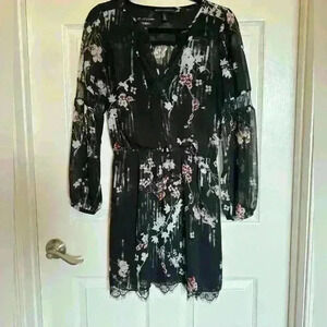 WHBM Whimsigoth Sheer Lace Detail Long Sleeve Dress Bubble Sleeve size 2 Floral